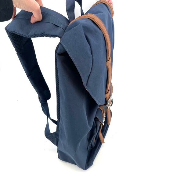 Herschel Navy Canvas Backpack - Red Candy Stripe Lining, Faux Leather Accents - Picture 3 of 7